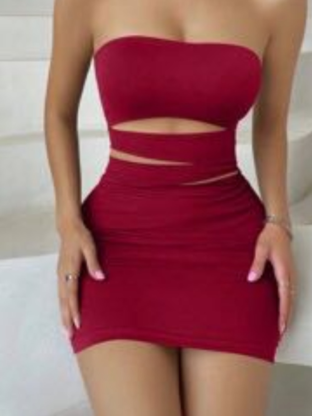 Strapless Cutout Bodycon Dress in Wine Red